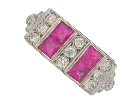 Ruby & Diamond 18ct White Gold Art Deco Style Dress Ring