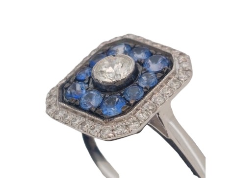 Antique Art Deco Style Diamond & Sapphire Target Cluster Ring 18ct White Gold 