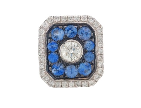 Antique Art Deco Style Diamond & Sapphire Target Cluster Ring 18ct White Gold 