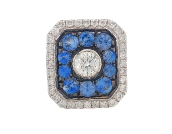 Antique Art Deco Style Diamond & Sapphire Target Cluster Ring 18ct White Gold 
