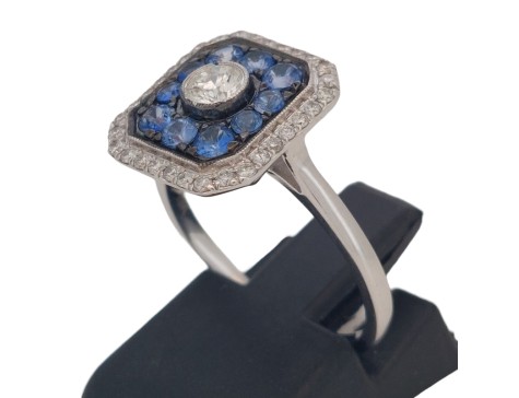 Antique Art Deco Style Diamond & Sapphire Target Cluster Ring 18ct White Gold 