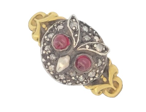 Unusual Ruby & Diamond 18ct Gold Owl Ring