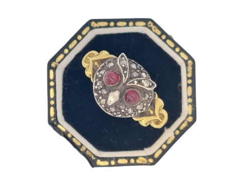 Unusual Ruby & Diamond 18ct Gold Owl Ring