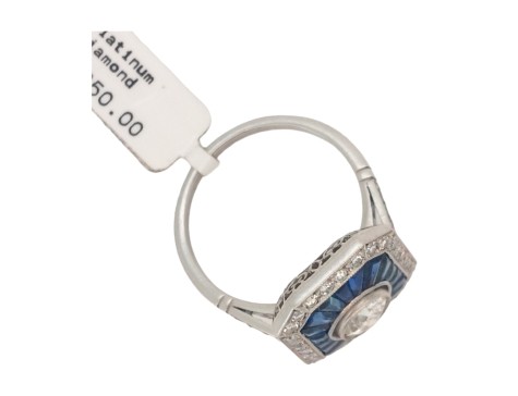 Period Art Deco Diamond & Sapphire Target Ring Platinum 
