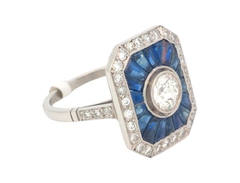 Period Art Deco Diamond & Sapphire Target Ring Platinum 