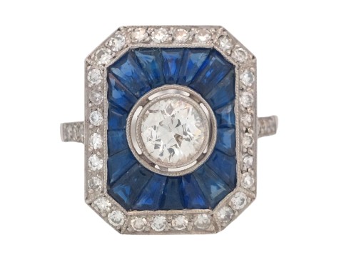 Period Art Deco Diamond & Sapphire Target Ring Platinum 