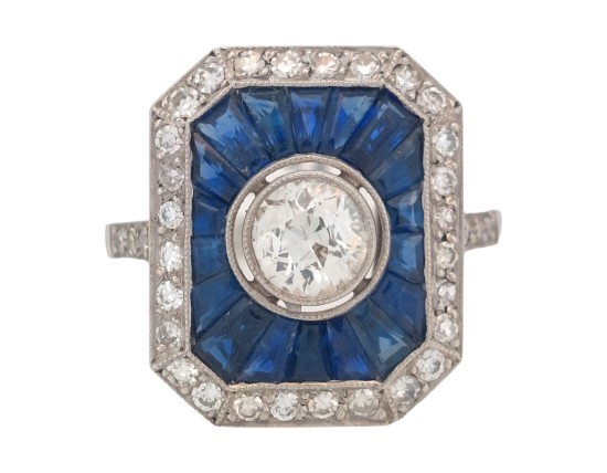 Period Art Deco Diamond & Sapphire Target Ring Platinum 