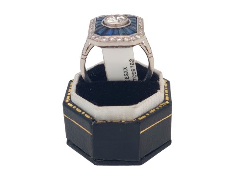 Period Art Deco Diamond & Sapphire Target Ring Platinum 