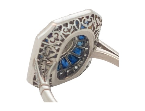 Period Art Deco Diamond & Sapphire Target Ring Platinum 