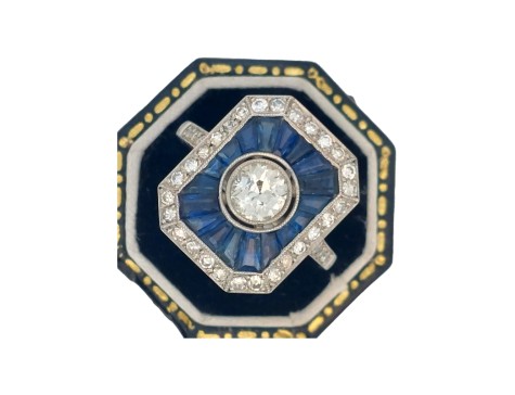 Period Art Deco Diamond & Sapphire Target Ring Platinum 