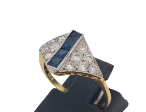 Diamond & Sapphire 18ct Yellow Gold Geometric Art Deco Dress Ring
