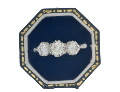 Antique Diamond Three Stone Trilogy Ring Platinum 1.00ct F-H Colour Vs-Si Clarity 1940's