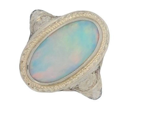 Opal Dress Ring 18ct White Gold Edwardian Floral Filigree 