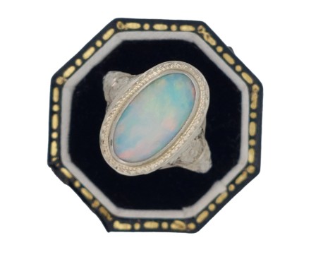 Opal Dress Ring 18ct White Gold Edwardian Floral Filigree 