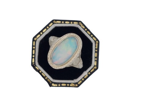 Opal Dress Ring 18ct White Gold Edwardian Floral Filigree 