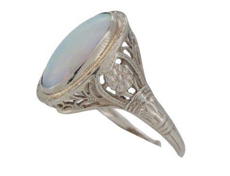 Opal Dress Ring 18ct White Gold Edwardian Floral Filigree 