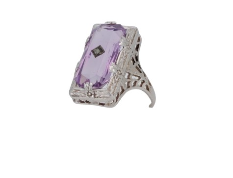 Amethyst & Diamond Antique Art Deco White Gold Filigree Dress Ring