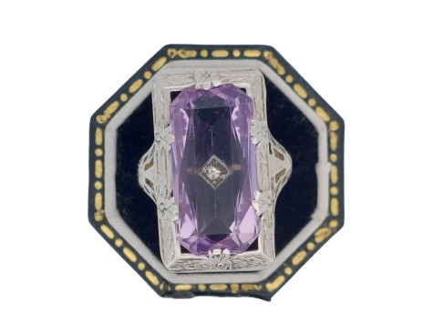 Amethyst & Diamond Antique Art Deco White Gold Filigree Dress Ring