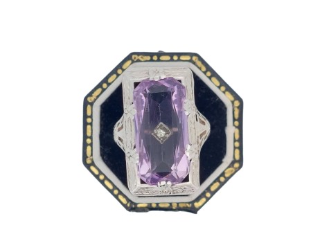 Amethyst & Diamond Antique Art Deco White Gold Filigree Dress Ring