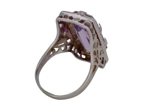 Amethyst & Diamond Antique Art Deco White Gold Filigree Dress Ring