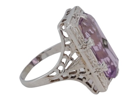 Amethyst & Diamond Antique Art Deco White Gold Filigree Dress Ring