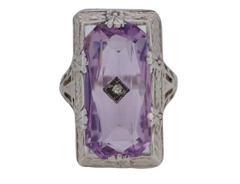 Amethyst & Diamond Antique Art Deco White Gold Filigree Dress Ring