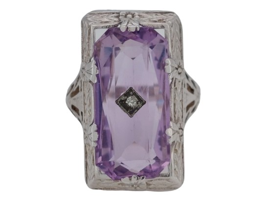 Amethyst & Diamond Antique Art Deco White Gold Filigree Dress Ring