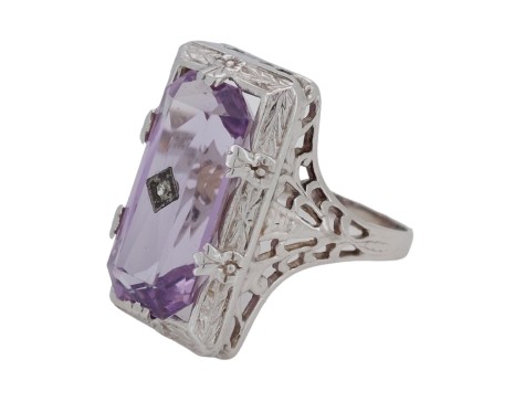 Amethyst & Diamond Antique Art Deco White Gold Filigree Dress Ring