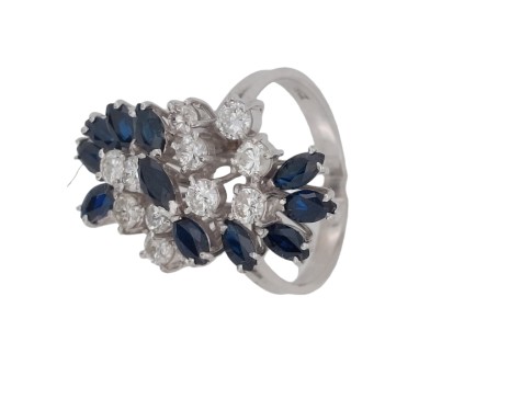 Vintage Substantial Diamond  & Sapphire Floral Spray Cocktail Ring 18ct White Gold