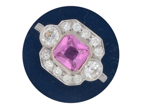Fine Period Art Deco Pink Sapphire & Diamond Cluster Ring 18ct White Gold