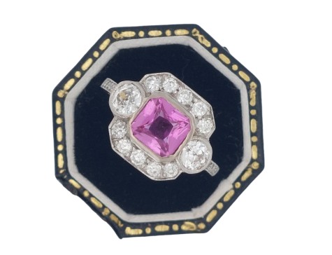 Fine Period Art Deco Pink Sapphire & Diamond Cluster Ring 18ct White Gold