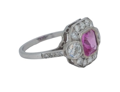 Fine Period Art Deco Pink Sapphire & Diamond Cluster Ring 18ct White Gold