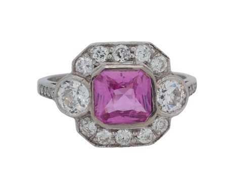 Fine Period Art Deco Pink Sapphire & Diamond Cluster Ring 18ct White Gold