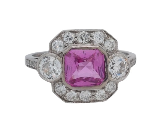 Fine Period Art Deco Pink Sapphire & Diamond Cluster Ring 18ct White Gold