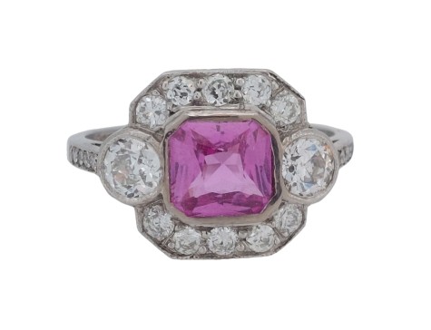 Fine Period Art Deco Pink Sapphire & Diamond Cluster Ring 18ct White Gold