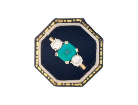 Colombian Emerald & Diamond Three Stone Ring 18ct Gold
