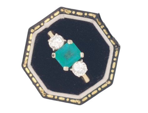 Colombian Emerald & Diamond Three Stone Ring 18ct Gold