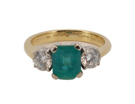 Colombian Emerald & Diamond Three Stone Ring 18ct Gold