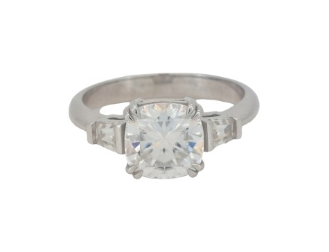 Cushion Cut Moissanite Solitaire Tapered Baguette shoulders Platinum 1.75ct