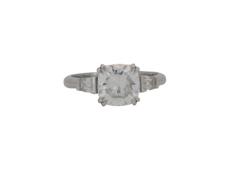 Cushion Cut Moissanite Solitaire Tapered Baguette shoulders Platinum 1.75ct