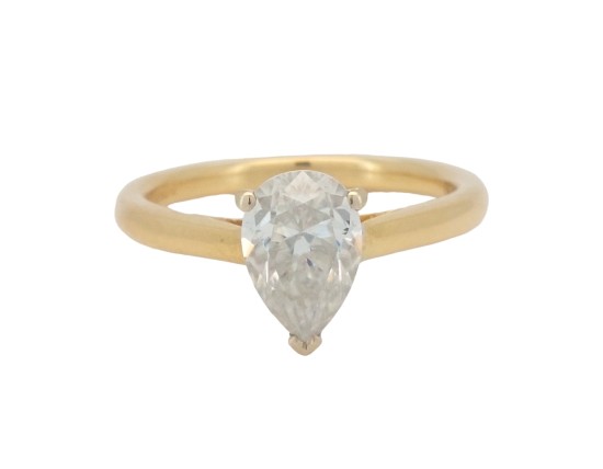 Fancy Pear Cut Moissanite Solitaire Ring 1.50ct 18ct Yellow Gold