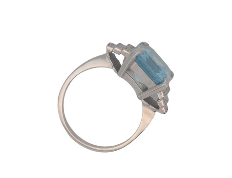 Antique Art Deco Emerald Cut Aquamarine & Diamond Stepped Dress Statement Ring Platinum 5ct