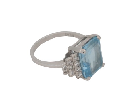 Antique Art Deco Emerald Cut Aquamarine & Diamond Stepped Dress Statement Ring Platinum 5ct