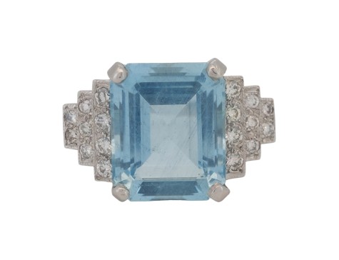 Antique Art Deco Emerald Cut Aquamarine & Diamond Stepped Dress Statement Ring Platinum 5ct