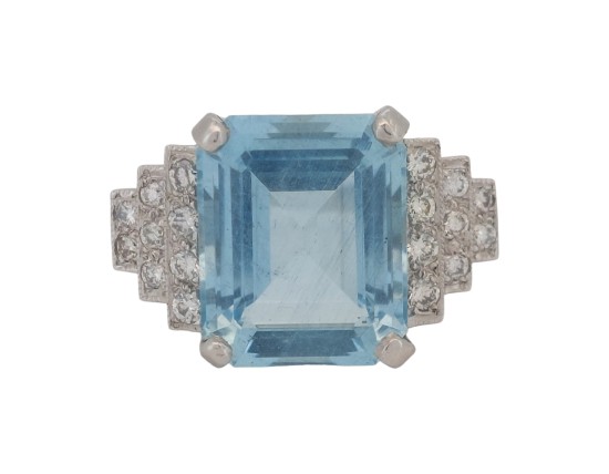 Antique Art Deco Emerald Cut Aquamarine & Diamond Stepped Dress Statement Ring Platinum 5ct