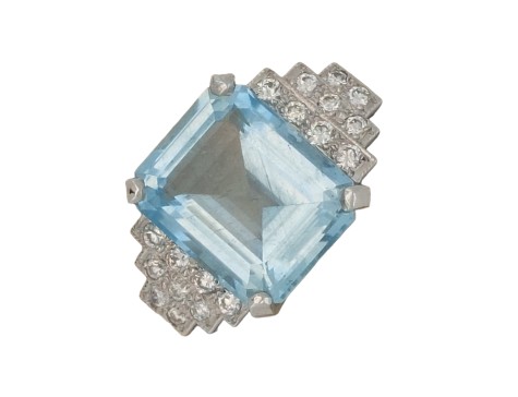 Antique Art Deco Emerald Cut Aquamarine & Diamond Stepped Dress Statement Ring Platinum 5ct