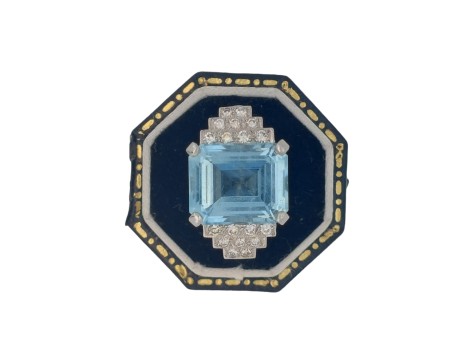 Antique Art Deco Emerald Cut Aquamarine & Diamond Stepped Dress Statement Ring Platinum 5ct