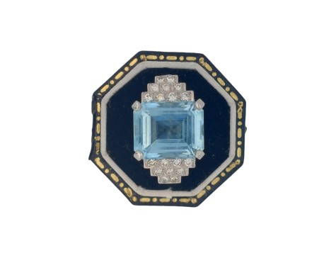 Antique Art Deco Emerald Cut Aquamarine & Diamond Stepped Dress Statement Ring Platinum 5ct