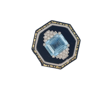 Antique Art Deco Emerald Cut Aquamarine & Diamond Stepped Dress Statement Ring Platinum 5ct