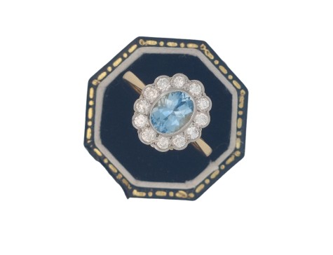 Aquamarine & Diamond Cluster Ring Milgrain Setting 18ct Yellow Gold